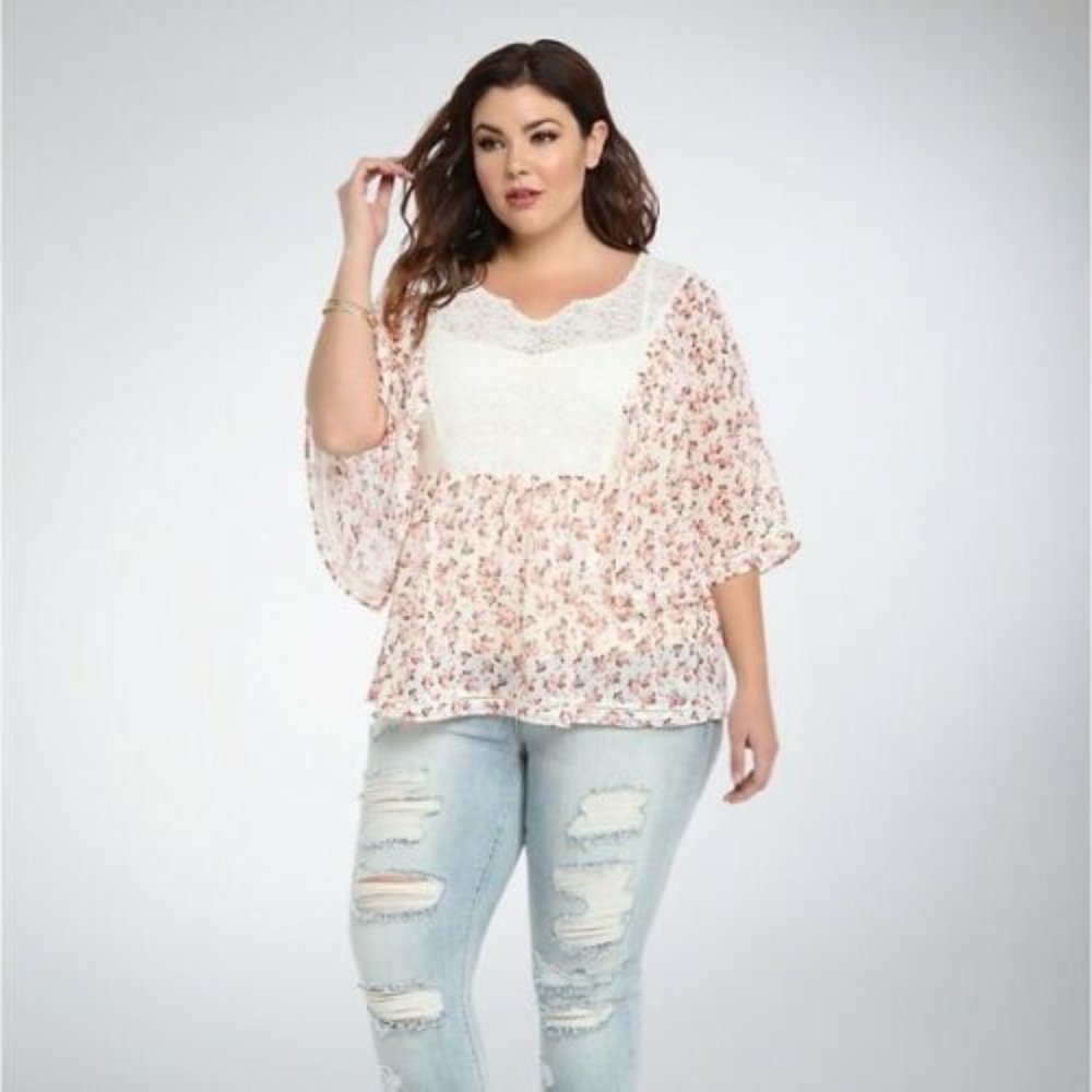 Torrid Floral Lace Chiffon Blouse Ivory H10946 - Picture 1 of 10